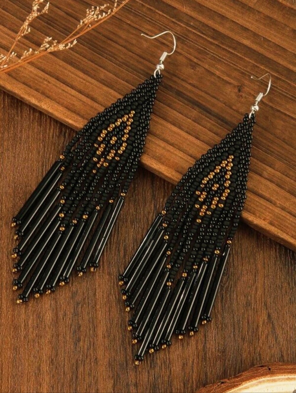 Black and Gold Beaded Fringe Earrings - Women Jewelry BOHO , Pow Wow